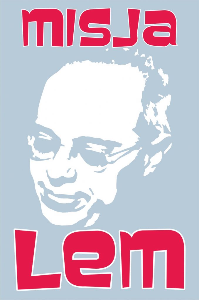 Grafika przedstawia białą twarz Stanisława Lema na bladoniebieskim tle oraz czerwony napis "Misja Lem".
